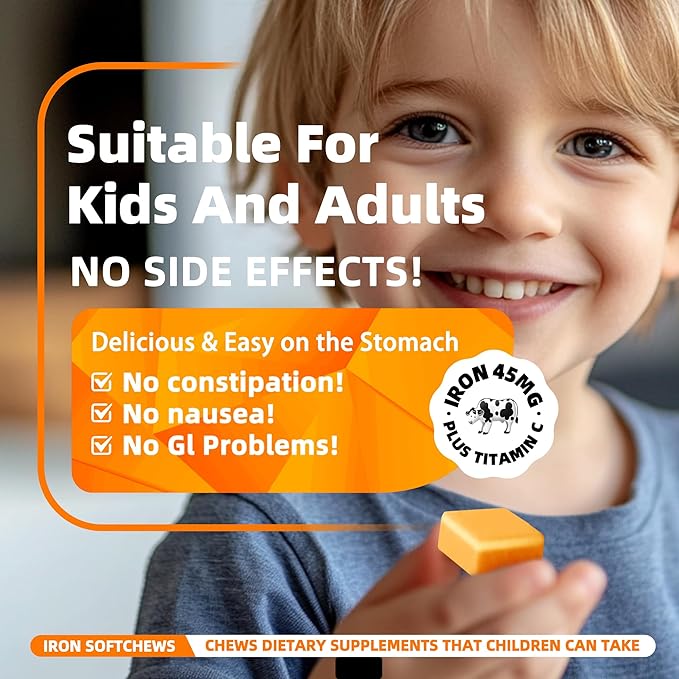 Iron Soft Chew Supplement with Vitamin C | Orange Flavored | Gluten Free | Iron Supplement for Women Men and Kids | 60 Count | 2 Month Supply