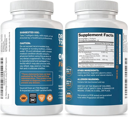 Dr. Tobias Omega 3 Fish Oil, 2000mg Triple Strength with 800mg EPA 600mg DHA Per Serving, Fish Oil Omega 3 Supplements for Heart, Brain & Immune Support, 90 Softgels, 45 Servings