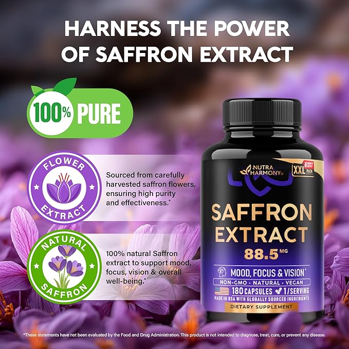 Natural Saffron Supplements - Pure Saffron Extract 88.5 mg - Made in USA - Mood | Focus | Vision | Energy Support - Eye Health for Women & Men - NonGMO Vegan Pills - 180 Powder Capsules
