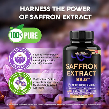Natural Saffron Supplements - Pure Saffron Extract 88.5 mg - Made in USA - Mood | Focus | Vision | Energy Support - Eye Health for Women & Men - NonGMO Vegan Pills - 180 Powder Capsules