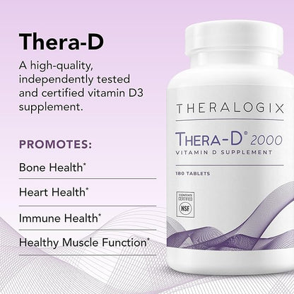 Theralogix Thera-D 2000 Vitamin D Supplement - 2,000 IU (50 mcg) Vitamin D3 Tablets - 180-Day Supply - Immune Support Supplement for Women & Men - Aids Bone & Heart Health - NSF Certified -180 Tablets