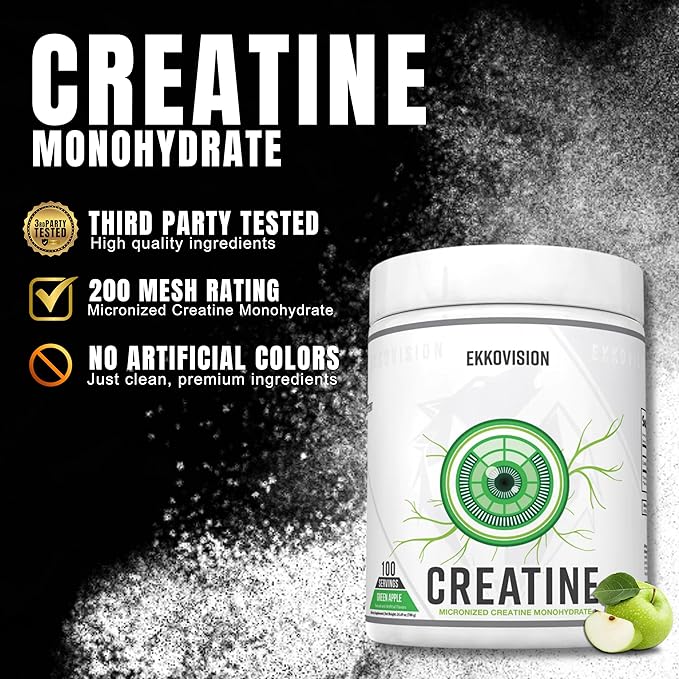 Creatine Monohydrate Powder, Micronized, Green Apple, Pre Workout & Post Workout Supplement for Men and Women, Energy Support, Easy to Mix in Shakes, Smoothies & Beverages, 100 Servings