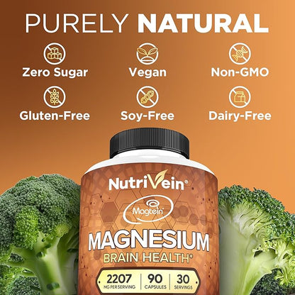 Nutrivein Premium Magnesium L-Threonate Supplement (Magtein) 2207 mg - 90 Caps (3 a Day): High-Absorption Magnesium Threonate for Brain, Sleep, Mood & Recovery