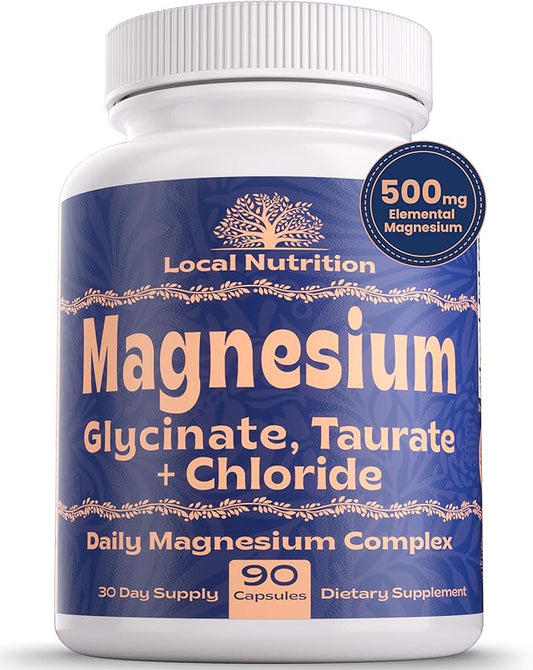 Triple Magnesium Complex 500mg from Magnesium Glycinate 1250mg, Magnesium Taurate 625mg, Magnesium Chloride 500mg - Premium, High Absorption Chelated Magnesium Supplement - 90 Capsules Made in USA