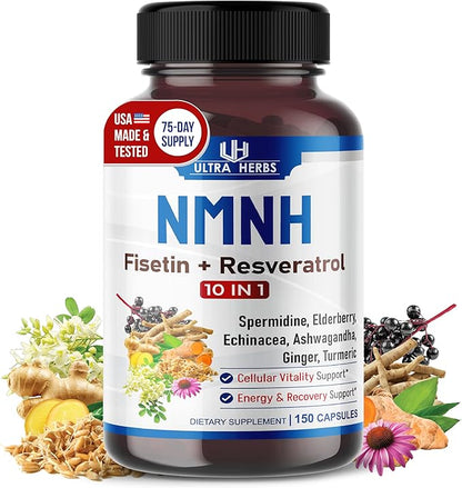 NMNH 10-in-1 – Fisetin, Resveratrol, Spermidine, Elderberry, Ashwagandha, Echinacea, Ginger, Turmeric – Cellular Health & Energy – 150 Capsules – Made in USA