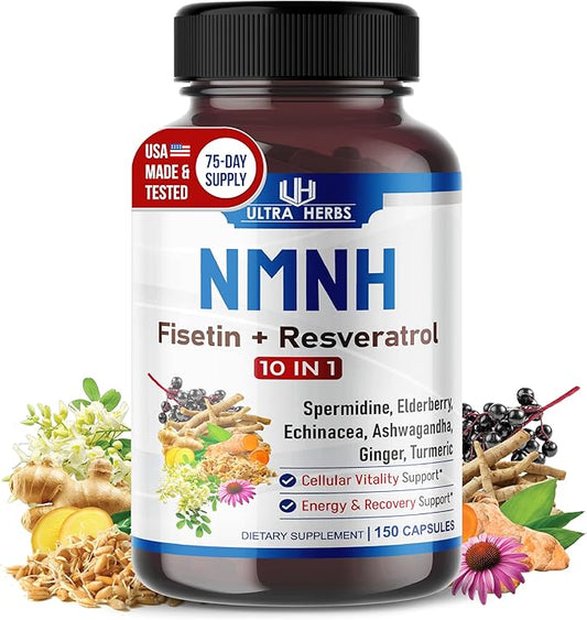 NMNH 10-in-1 – Fisetin, Resveratrol, Spermidine, Elderberry, Ashwagandha, Echinacea, Ginger, Turmeric – Cellular Health & Energy – 150 Capsules – Made in USA