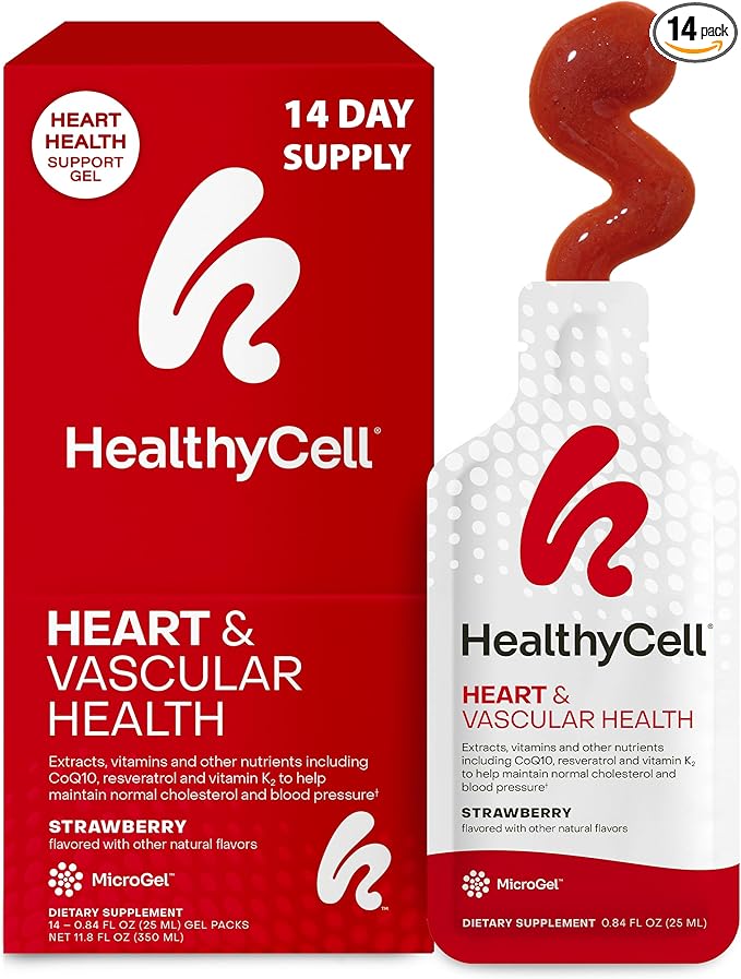 Healthycell Heart & Vascular Health Daily Liquid Supplement - Blood Pressure & Cholesterol Support with Beet Root Powder, Resveratrol, CoQ10, Omega-3 & Vitamin K - 14 Gel Packs