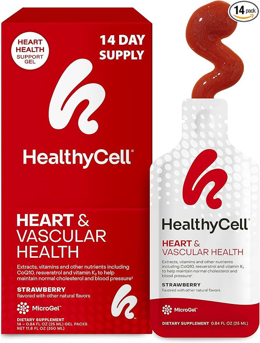 Healthycell Heart & Vascular Health Daily Liquid Supplement - Blood Pressure & Cholesterol Support with Beet Root Powder, Resveratrol, CoQ10, Omega-3 & Vitamin K - 14 Gel Packs
