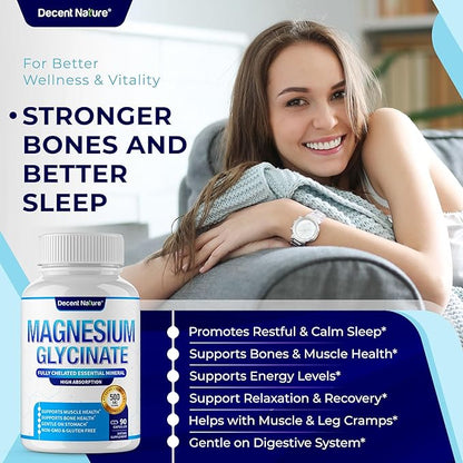 Magnesium Glycinate 500mg Magnesium Supplement - Chelated for High Absorption & Bioavailability Support Sleep, Muscle, Bones, Cramps, Recovery & Energy, Vegan Non-GMO 90 Capsules