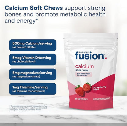 Bariatric Fusion Bariatric Calcium Chews | Calcium Citrate with Vitamin D3 Calcium Supplement Bariatric Vitamin | Sugar Free Calcium Citrate Chewable | Calcium Citrate 500mg | Strawberry | 60 Count
