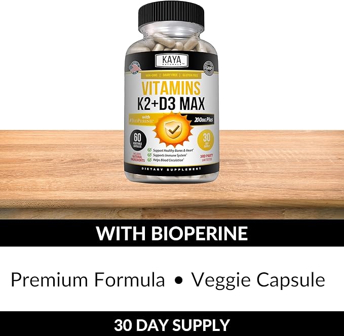Kaya Naturals Vitamins K2 with D3 5000IU Supplement for Men and Women - Easy to Swallow - Bioperine Capsules (60 Count (Pack of 1))