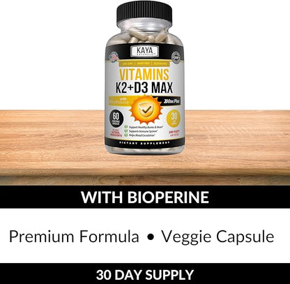 Kaya Naturals Vitamins K2 with D3 5000IU Supplement for Men and Women - Easy to Swallow - Bioperine Capsules (60 Count (Pack of 1))