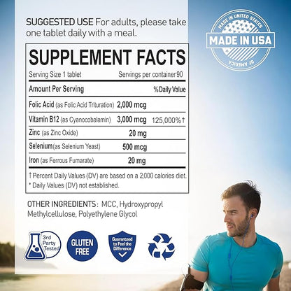 Vital Blood Boost - Dietary Supplement for White and Red Blood Cell Support - Iron with Selenium, Zinc, Vitamin B12 & Folic Acid - 90 Tablets, 90 Day Supply