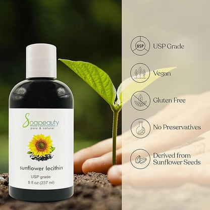SUNFLOWER LECITHIN Liquid Oil | Cold Pressed Unrefined | USP Grade Unbleached 100% Pure Natural Sunflower Lecithin Oil | Skin Moisturizer, Soap Making, Lotion | 16 fl oz