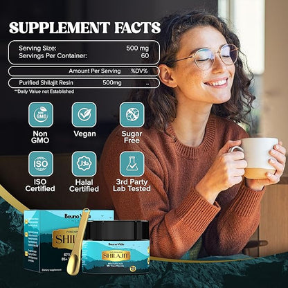 Himalayan Organic Shilajit Resin for Men & Women | High Potency 500mg | Lab-Tested Gold Grade Shilajit with 85+ Trace Minerals & 67%+ Fulvic Acid for Energy, Strength & Immune Support – 30g