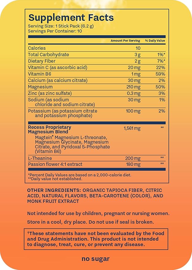 Recess Mood Powder, Calming Magnesium L-Threonate Blend with Passion Flower, L-Theanine, Electrolytes, Magnesium Calm Support Powder Supplement