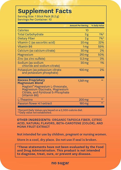Recess Mood Powder, Calming Magnesium L-Threonate Blend with Passion Flower, L-Theanine, Electrolytes, Magnesium Calm Support Powder Supplement