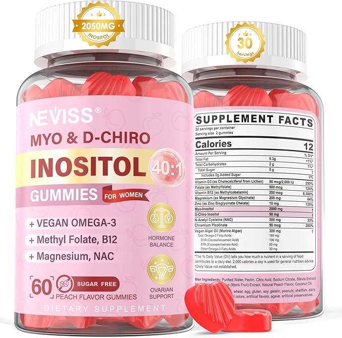 Myo-Inositol & D-Chiro Inositol Gummies Sugar Free, Ideal 40:1 Ratio Inositol Supplement for Women with Vegan Omega-3 & Vitamin D3, Magnesium, Methyl Folate + B12 for Female Health & Wellness, 60Cts