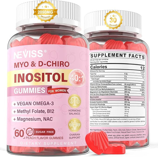 Myo-Inositol & D-Chiro Inositol Gummies Sugar Free, Ideal 40:1 Ratio Inositol Supplement for Women with Vegan Omega-3 & Vitamin D3, Magnesium, Methyl Folate + B12 for Female Health & Wellness, 60Cts