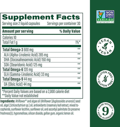 MegaFood Vegan Omega 3 6 9 - Burp-Less Supplement - 600 mg Plant-Based Omega-3 & 150 mg DHA Per Serving - Heart, Brain, Vision & Joint Support - Fish Oil Alternative - 60 Capsules, 30 Servings