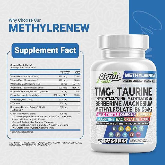 Clean Nutra Methylated Multivitamin for Women Men TMG Taurine Supplement + B6 Vitamins, B12, D3 K2, Magnesium Methylfolate Milk Thistle Omega 3 Turmeric NAC L Carnitine Creatine COQ10 B Complex Caps