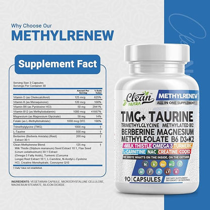 Clean Nutra Methylated Multivitamin for Women Men TMG Taurine Supplement + B6 Vitamins, B12, D3 K2, Magnesium Methylfolate Milk Thistle Omega 3 Turmeric NAC L Carnitine Creatine COQ10 B Complex Caps