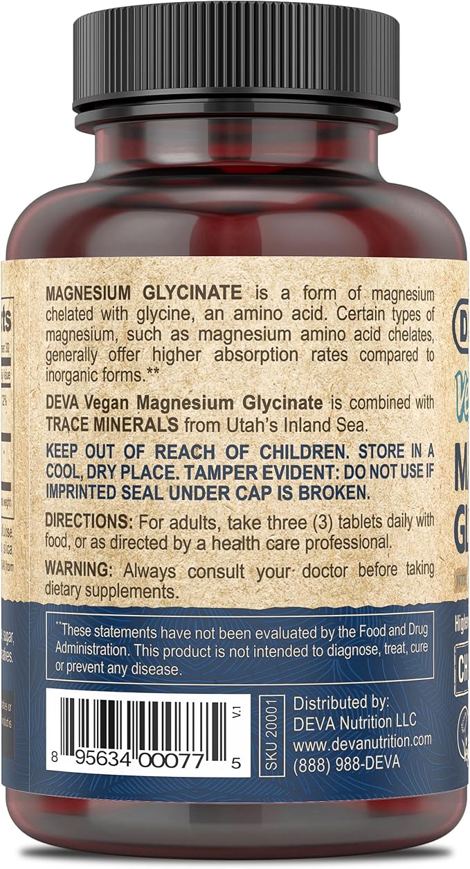 DEVA Vegan Magnesium Glycinate 300mg per serving with Trace Minerals, Higher Absorption, Chelated Magnesium, 90 Tablets (Pack of 2)