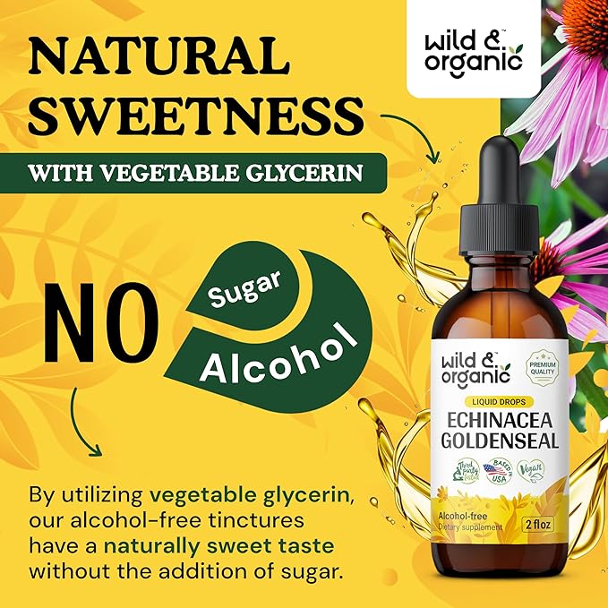 Wild & Organic Echinacea Goldenseal Liquid Drops - Immune Support Supplement w/Goldenseal Echinacea Root Extract - Vegan, Sugar & Alcohol-Free Tincture - 2 fl oz