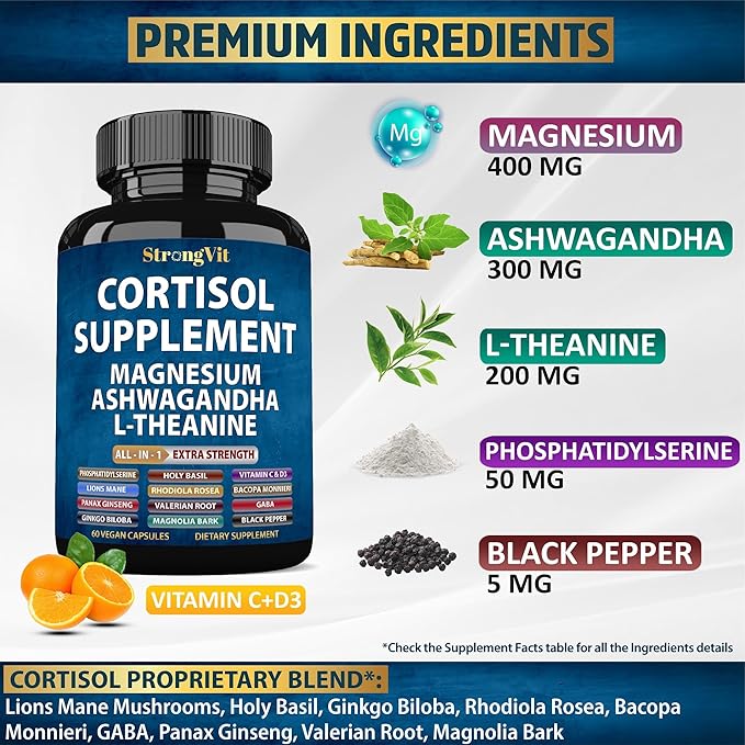 Cortisol Supplements for Women and Men with Magnesium, Ashwagandha & L-Theanine. High Cortisol Reducer, Manager, Detox, Lower and Control. Sleep Support & Stress Relief, USA