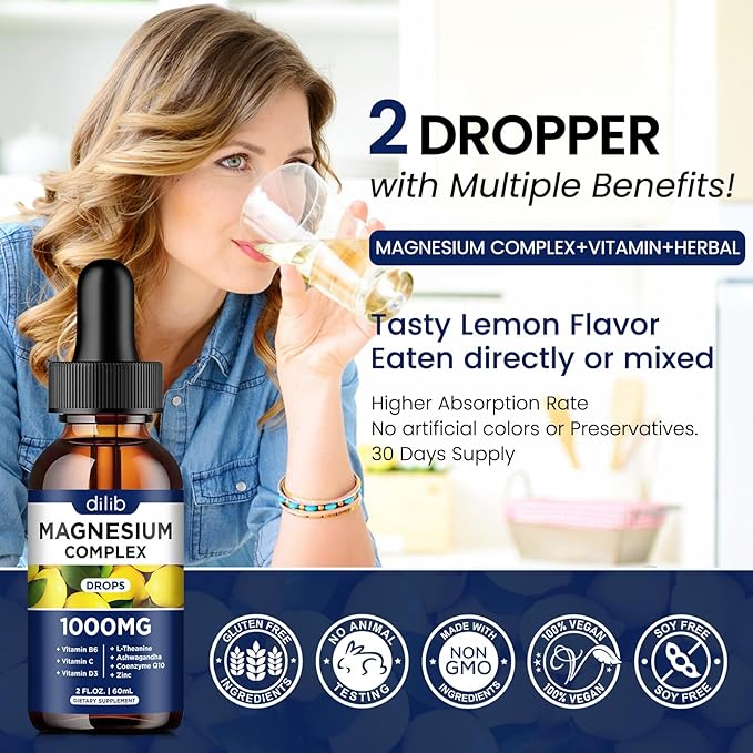 Triple Magnesium Complex Supplement, Magnesium Glycinate, threonate, Citrate Liquid Drops 1000mg with Ashwagandha, CoQ10, Vitamin B6, C, D, Zinc - Vegan Lemon Flavor