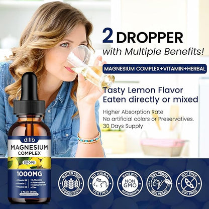 Triple Magnesium Complex Supplement, Magnesium Glycinate, threonate, Citrate Liquid Drops 1000mg with Ashwagandha, CoQ10, Vitamin B6, C, D, Zinc - Vegan Lemon Flavor