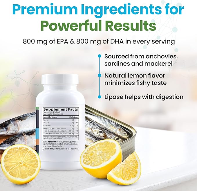 OmegaCell 1600 TG - High-Potency Omega 3 Supplement with 1:1 EPA & DHA Ratio - Premium, Sustainably Sourced Fish Oil from Norwegian Waters - Non-GMO & Gluten-Free Fish Oil Supplement - 60 Soft Gels