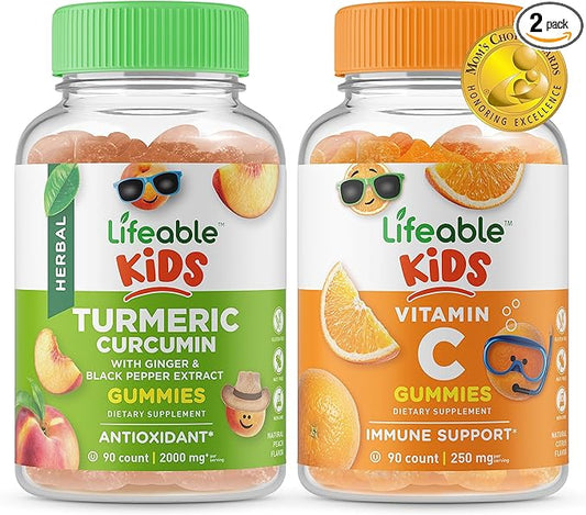Lifeable Turmeric Curcumin Kids + Vitamin C Kids, Gummies Bundle - Great Tasting, Vitamin Supplement, Gluten Free, GMO Free, Chewable Gummy
