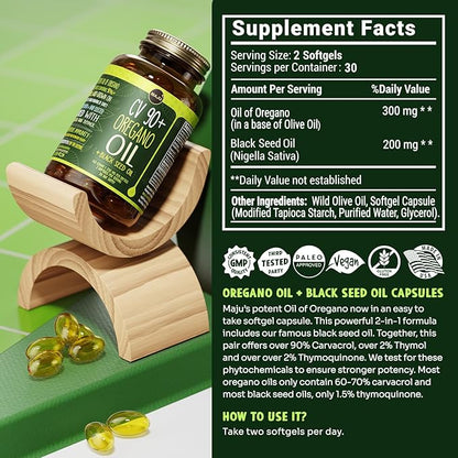 Maju Superfoods Oil of Oregano with Black Seed Oil Capsules, 2-in-1 Softgel, Potent 90%+ Carvacrol, High Thymoquinone, 60 Count, 500mg per Serving, Wild Oregano and Black Seeds