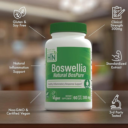 Health Thru Nutrition Boswellia 300mg 60 Capsules as Bospure AKBAMAX | High Potency 75% Boswellic Acids 10% AKBA | Healthy Inflammatory Support | Vegan Certified | Non-GMO, Gluten Free, Soy Free
