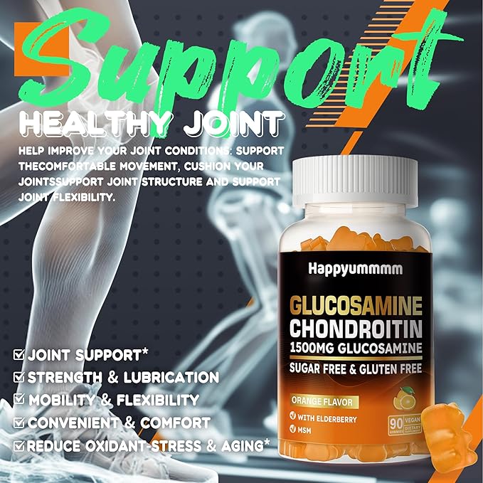 Glucosamine Chondroitin Gummies with MSM & Elderberry Extra Strength - Joint Support, Antioxidant Immune Support Supplement for Adults, Men & Women.90 Orange Gummies