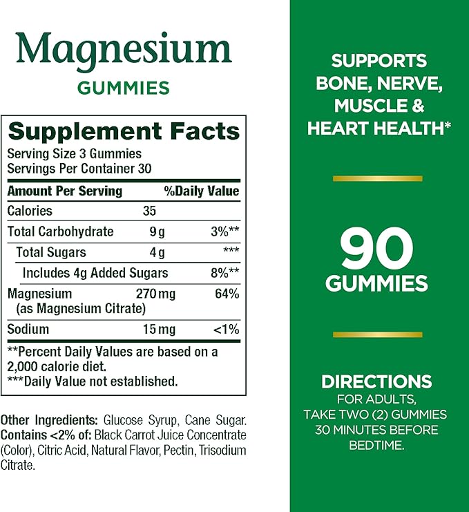 Nature's Bounty Magnesium 270mg Gummies, Supports Bone, Nerve, Muscle and Heart Health, 90 Gummies