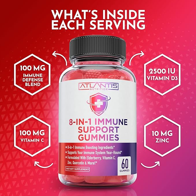 Atlantis Nutrition 8-in-1 Immune Support Gummies with Elderberry | Immune Supplement with Elderberry, Quercetin, Zinc, Vitamin C - Immunity Boosters for Adults & Kids - Delicious Flavor - 60 Count