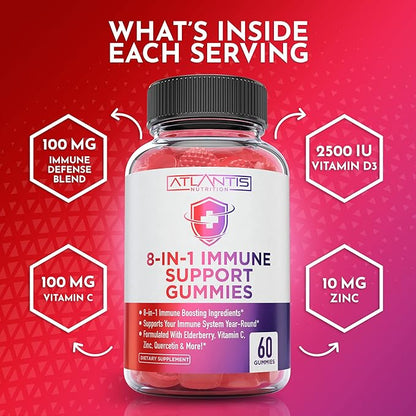 Atlantis Nutrition 8-in-1 Immune Support Gummies with Elderberry | Immune Supplement with Elderberry, Quercetin, Zinc, Vitamin C - Immunity Boosters for Adults & Kids - Delicious Flavor - 60 Count
