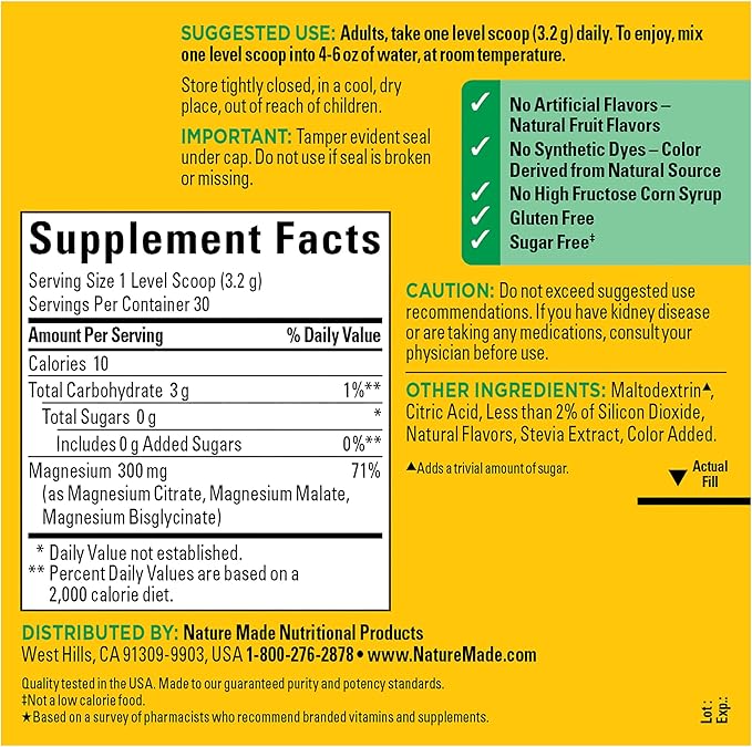 Nature Made High Absorption Magnesium Complex Drink Mix Powder, Magnesium Citrate, Magnesium Glycinate & Magnesium Malate 3-in-1 Blend, Pink Lemonade Flavor, 96 g, 30 Day Supply