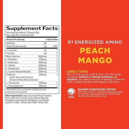 Rule 1 Energized Amino – Anytime Energy and Recovery Support with BCAAs, Glutamine, Citrulline, Beta Alanine, and Caffeine from Green Coffee & Tea Leaf Extracts (30 Servings, Peach Mango)