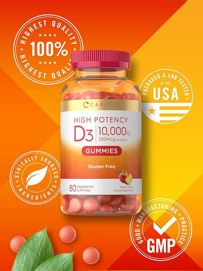 Carlyle Vitamin D3 10000iu Gummies for Adults | 80 Count | Peach Flavored Gummy | High Potency for Women & Men | Vegetarian, Non-GMO, Gluten Free Supplement