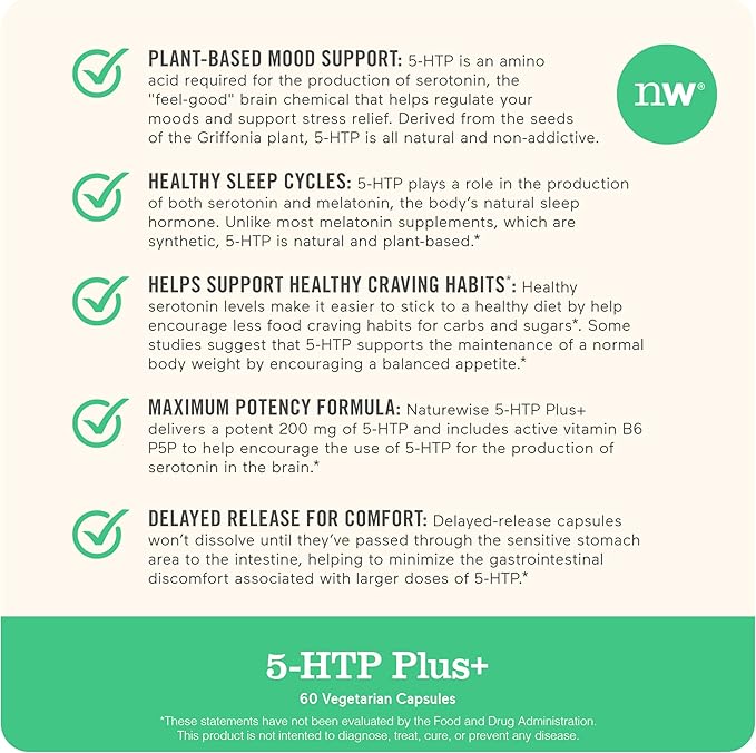 NatureWise 5-HTP 200mg Supplement from Griffonia Seeds with Cofactor Vitamin B6 - Mood Support and Natural Sleep Aid for Adults - Delayed-Release, Vegan - 30 Count[1-Month Supply]