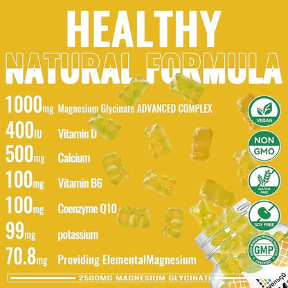 Magnesium Glycinate Gummies 2500mg - Sugar Free Magnesium Potassium Supplement with Vitamin D, B6, CoQ10 for Calm Mood & Sleep Support - 90 Pineapple Gummies