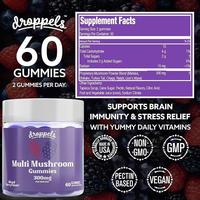 Droppels Multi Mushroom Gummies | Vegan, Pectin-Based & Non-GMO Mushroom Extracts | Maitake, Shiitake, Turkey Tail, Chaga, Reishi & Lion's Mane Mushroom Supplement | Mixed Berries Flavor, 60 Count