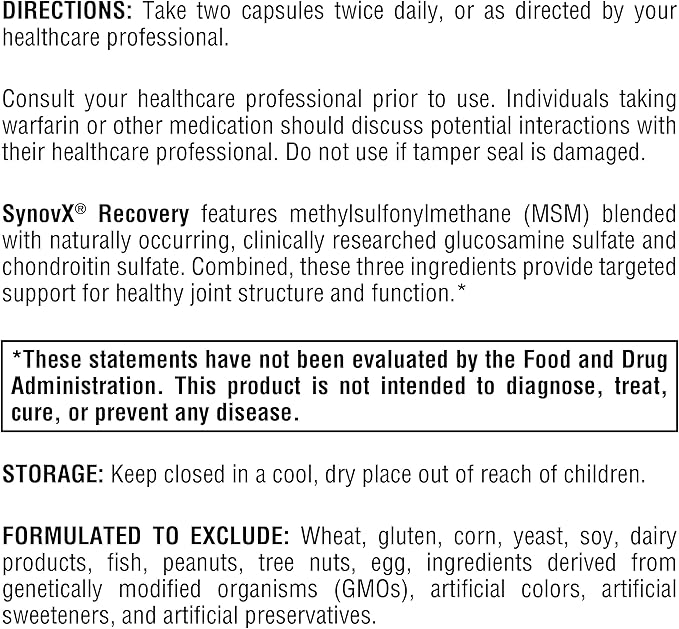 XYMOGEN SynovX Recovery - Joint Support Supplement for Healthy Joint Structure and Function - MSM Glucosamine Chondroitin Capsules to Support Healthy Tissue, Cartilage and Joints (120 Capsules)