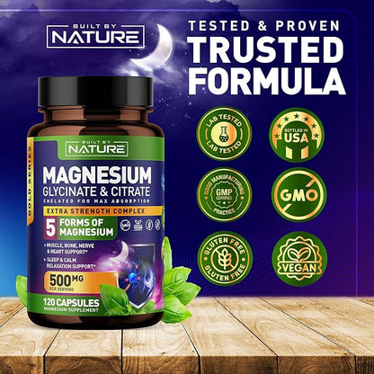 Magnesium Complex 500mg - 5 Forms of Magnesium Glycinate, Citrate, Malate, Oxide & Aquamin with 72 Trace Minerals - Chelated for Absorption - Supplement for Muscle, Nerve, Heart & Sleep (120 Capsules)