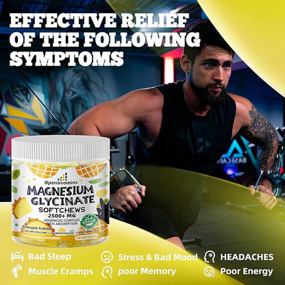 Magnesium Glycinate Soft Chews, Pineapple Flavor.Chewable Sugar Free Potassium Magnesium Chews with Magnesium Glycinate, Vitamin D, B6, and CoQ10 for Calm Support & Sleep for Adults, 60 Days Supply