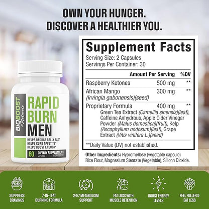 Rapid Fat Burner MEN | 7 Powerful Ingredients for Male Fat Loss, Appetite Suppressant + Carb Blocker | Lose Belly Fat, Increase Energy, Size, Stamina & Sustain Muscle Mass - 60 Capsules for Men