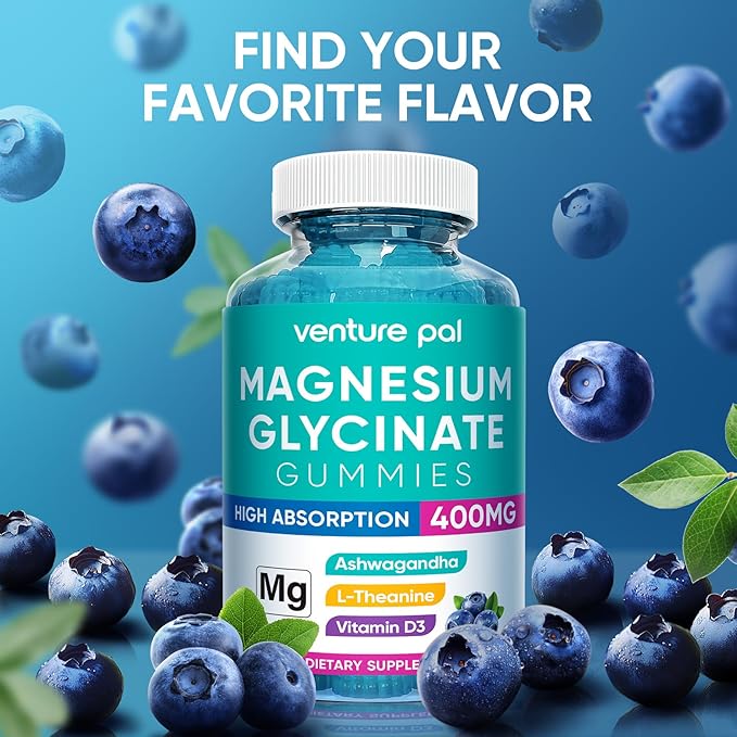 Venture Pal 60 Day Supply Magnesium Glycinate Gummies with Ashwagandha for Adults and Kids, L-Theanine, CoQ10, Sugar Free Magnesium Supplement 400mg for Calm Mood & Sleep, Gluten-Free & Vegan